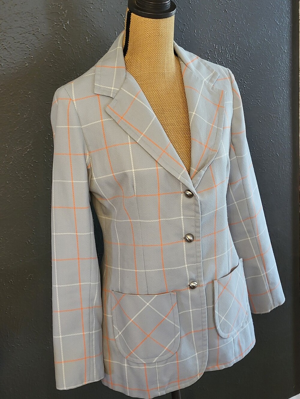 Casa Di Cole Vintage 70s Gray/Orange Polyester Plaid Blazer Medium